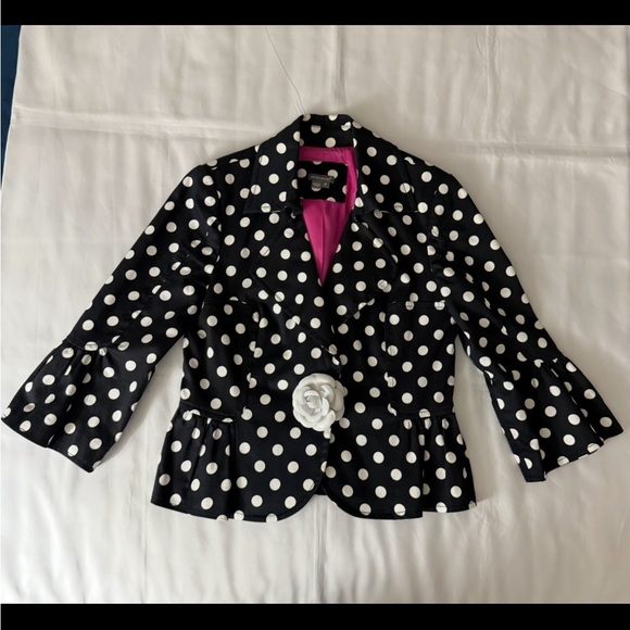 Anthracite Jackets & Blazers - Anthracite Black & White Polka Dot Blazer - Snap Button Closure w/ a Flower
